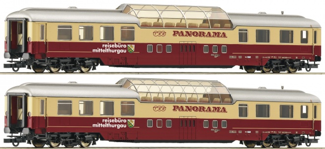 Set of 2 Panoramic car of the travel agency Mittelthurgau in TEE livery<br /><a href='images/pictures/Roco/224659.jpg' target='_blank'>Full size image</a>